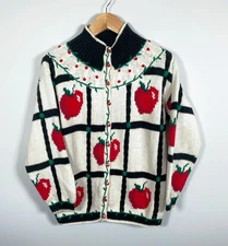 Eagle's Eye Cardigan Women's Medium Ivory Apple Motif Hand Knit Sweater 1991