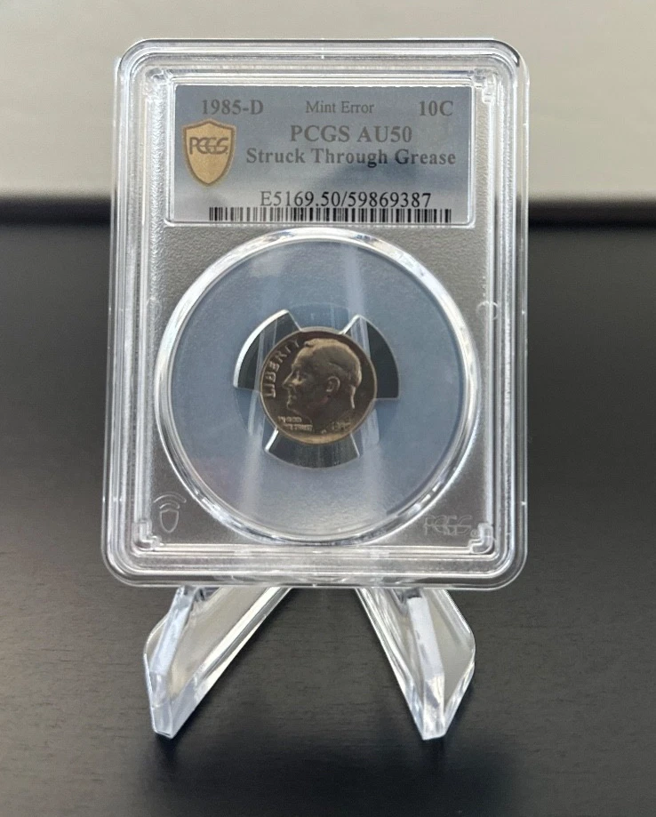 1985 D Roosevelt Dime Struck Through Grease Error PCGS AU50 [59869387] - Image 3 of 4