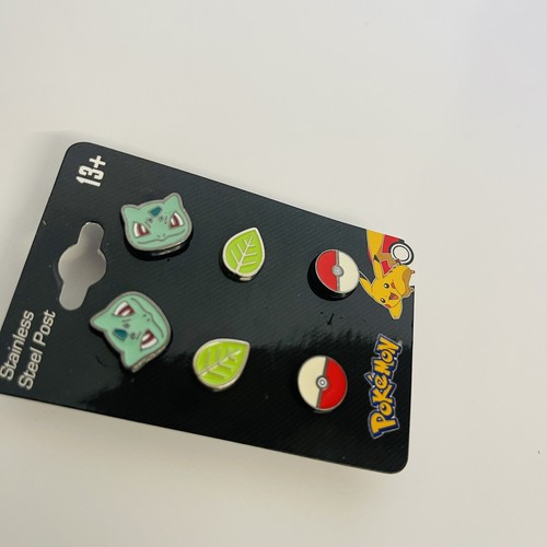 Set Of 3 Pokemon Bulbasaur Leaf Pokeball Stud Stainless Steel Earrings Licensed - Picture 5 of 5