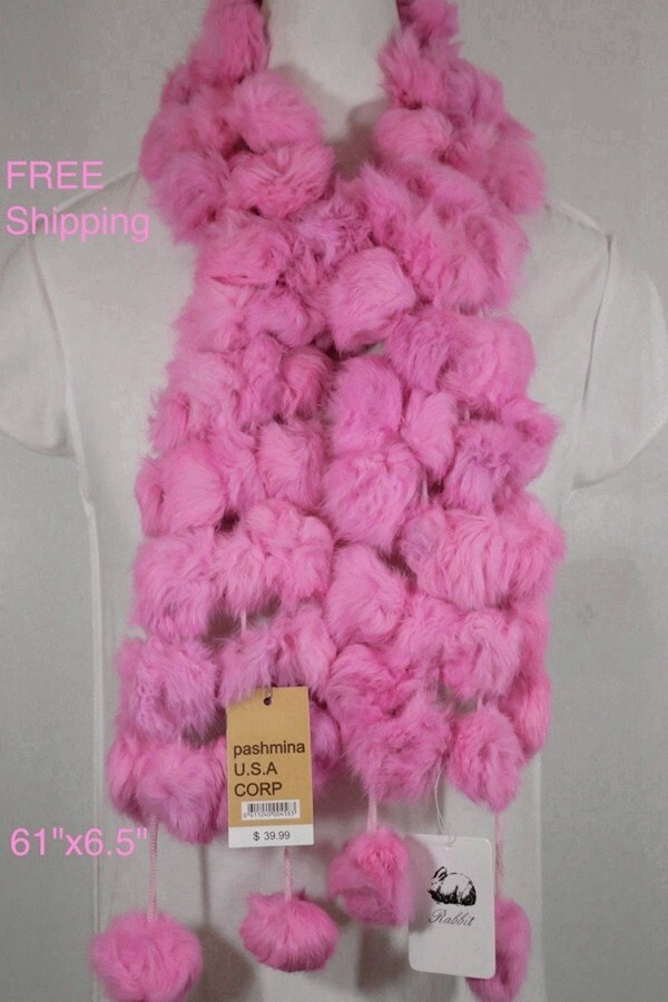 Women's 100%Rabbit Fur Scarf*Winter Warm~Soft Pom Pom,Pink