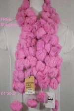 Women's 100%Rabbit Fur Scarf*Winter Warm~Soft Pom Pom,Pink 64"x6.5"