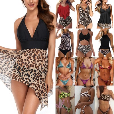 Damen Leopard Druck Bikini Tankini Bademode Badeanzüge Gepolstert Schwimmkostüm.