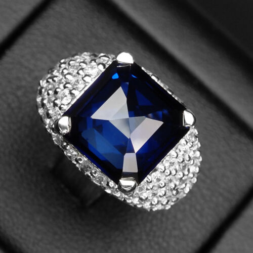 Striking Vivid Blue Sapphire 12.70Ct 925 Sterling Silver White Gold Plated Rings