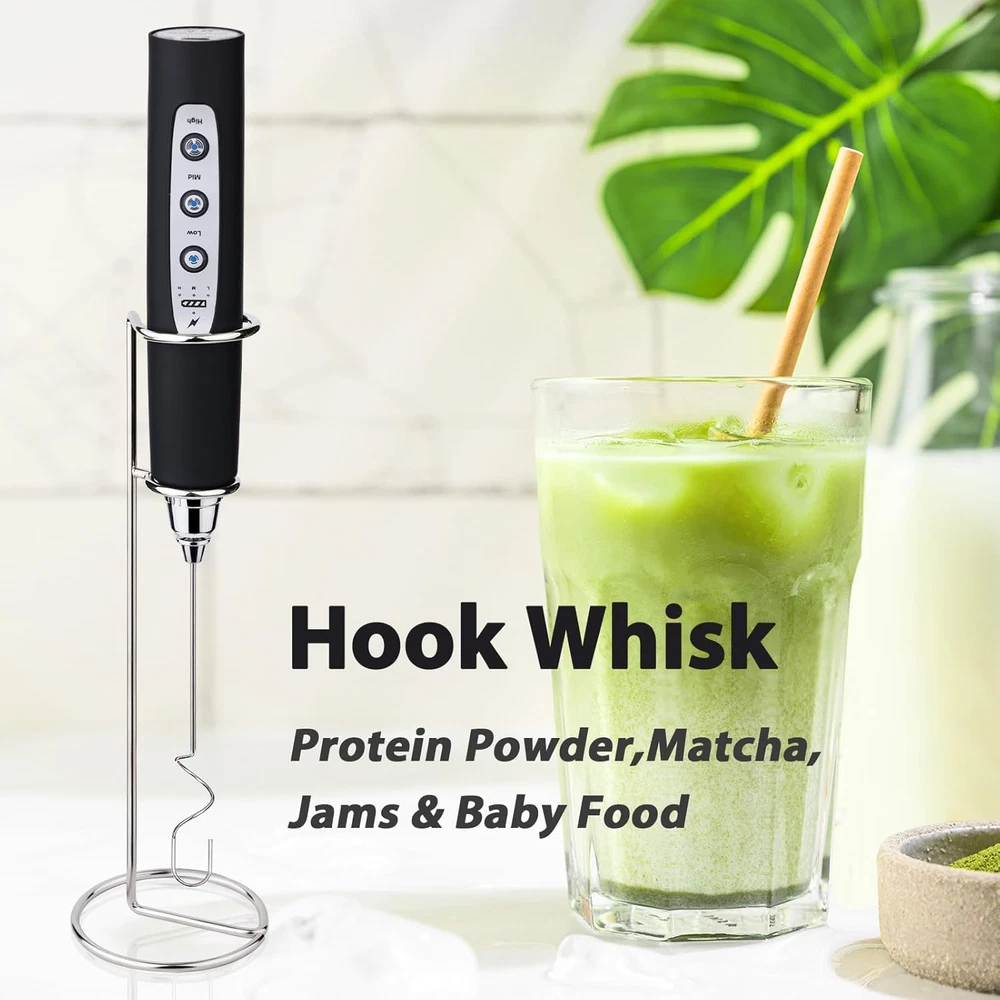Milk Frother with Stand Rechargeable-Handheld Coffee Frother with 3 Stainless Wh