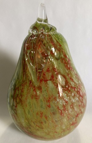 Blown Glass Pear Fruit Figurine Green Red With Applied Stem 4.75” - Picture 10 of 10