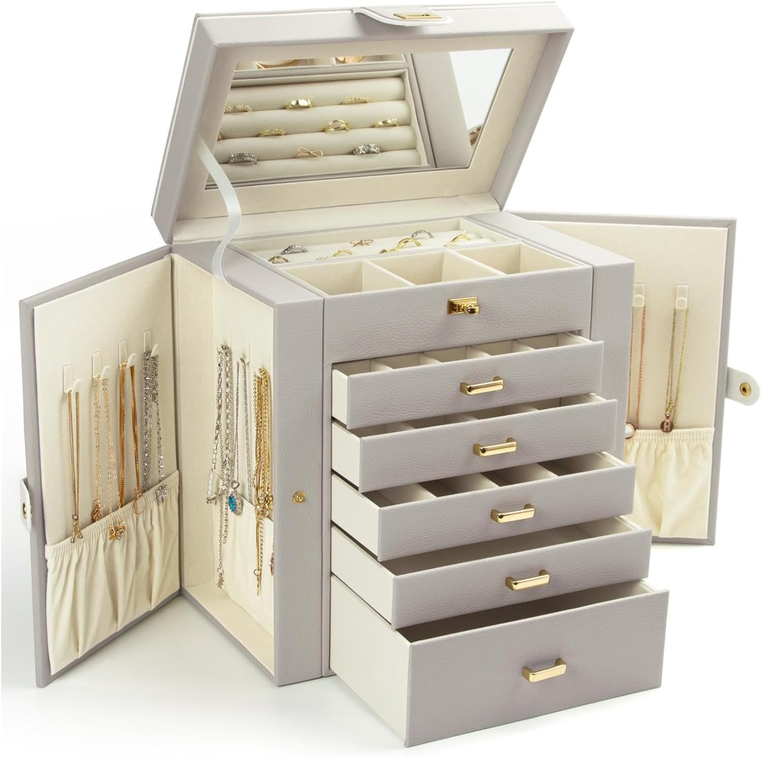 Jewelry Box for Women, 6-Layer Large Jewelry Organizer Box with Mirror & 5 Drawe-image