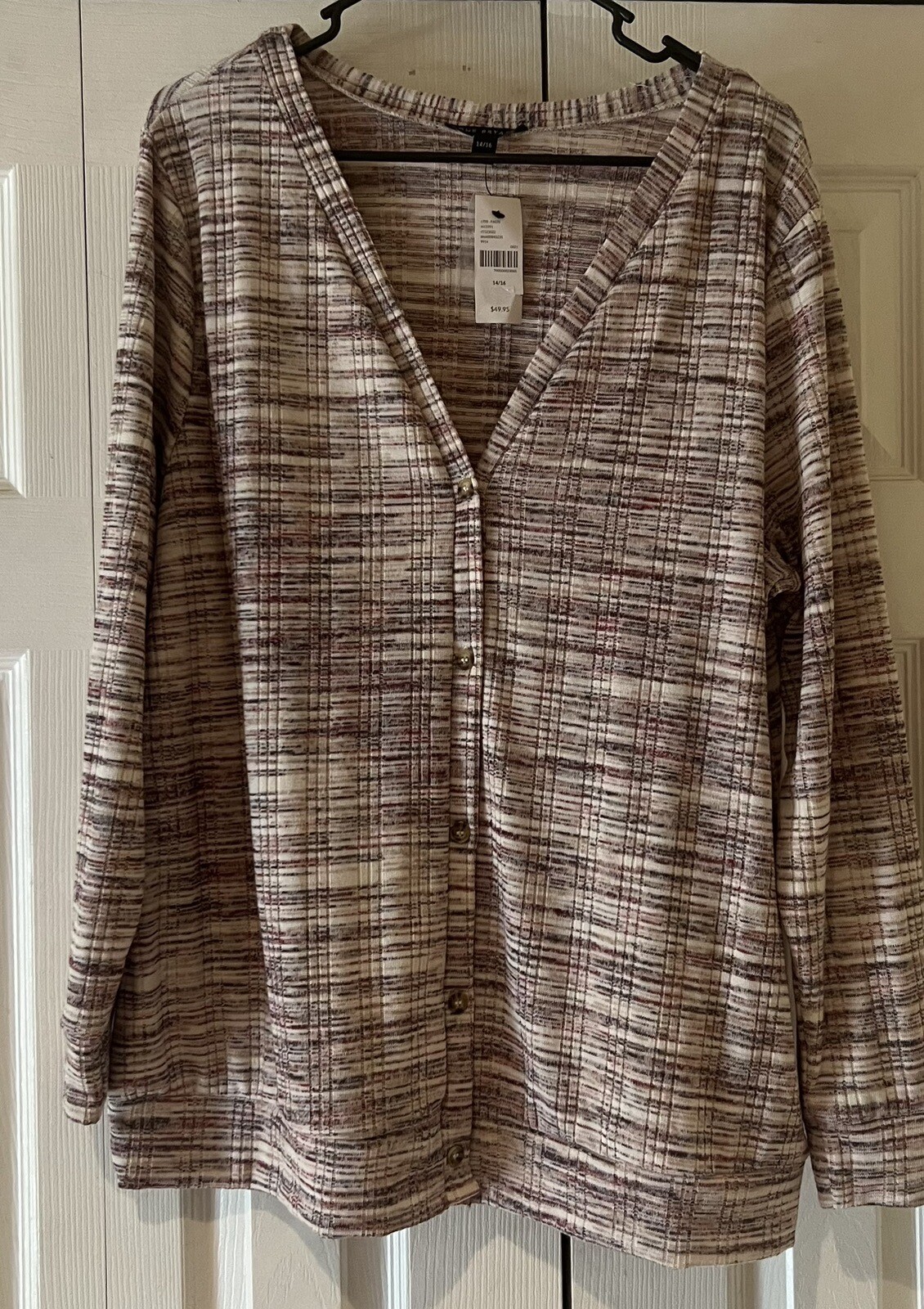Cárdigan suéter lane bryant 14-16 botones nudo superior borgoña bronceado y blanco-image