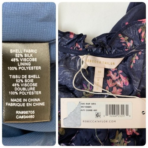 Rebecca Taylor IVIE Floral Print Ruffle Mini Dress Size 10 Navy Silk Blend $395 - Picture 8 of 12