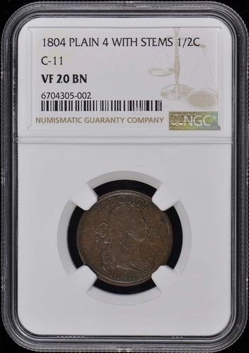1804 Plain 4 with Stems Draped Bust Half Cent C-11 1/2C NGC VF20BN