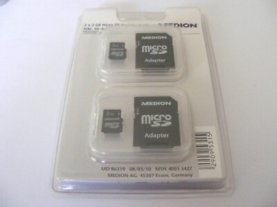 2 x 2GB Micro SD Card + Adapter ( 2 x 2 GB MicroSD Karte ) MEDION Neu