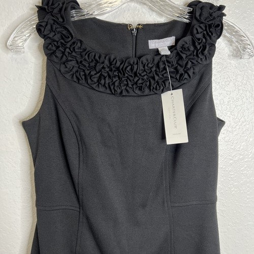 Charter Club Dress women Size 4 Petite Black Ruffled Sheath Sleeveless b22 - Picture 2 of 20