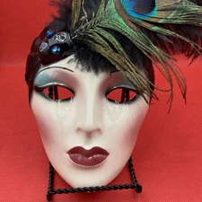 Clay Art SF-USA 1990. Glazed Ceramic Lady With Feathers Mask.