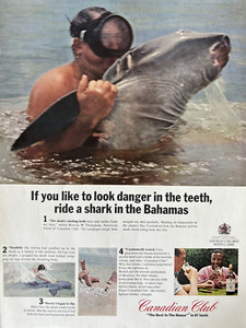 Canadian Club Whiskey Hiram & Sons Shark Bahamas Teeth Vintage Print Ad 1960s