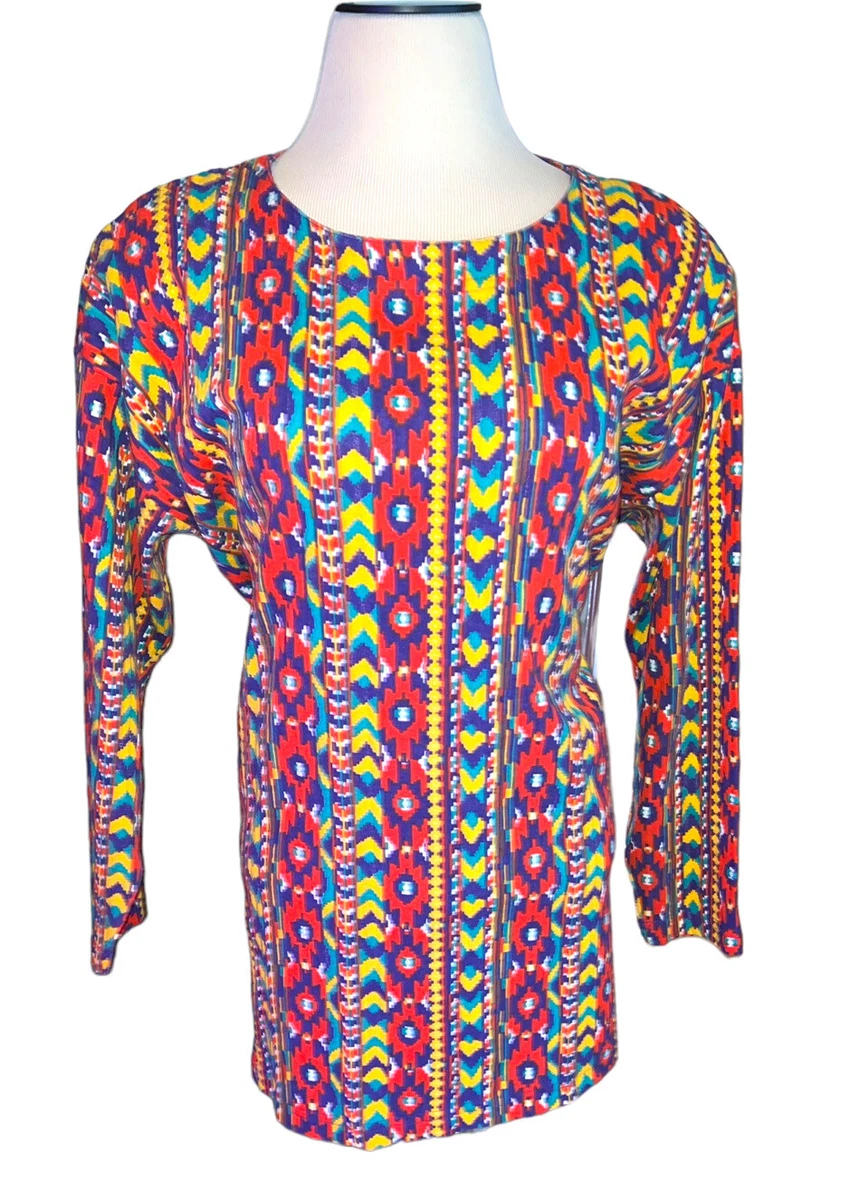 Vintage Aztec Long Shirt Blouse Tunic Made in USA 90's Women's Size M - Colorful