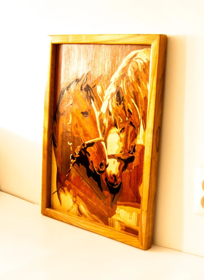 Caballos Madera Incrustación Marquetería Arte Pared Panel Enmarcado Decoración Hogar Regalo Ecológico Foto 3 de 4
