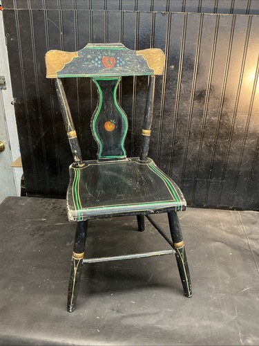 Vintage Wood Child’s Doll  Chair Early Tole Paint Apple Blue Berry Free Shipping