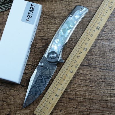 Y-START Folding Knife 3.8 Inches Damascus Blade Titanium Clam Shell Handle