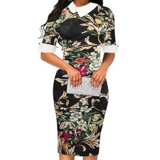 Oxiuly Bodycon Dress Collar Neck Cuff Sleeves Black Floral Women’s Size 2XL New