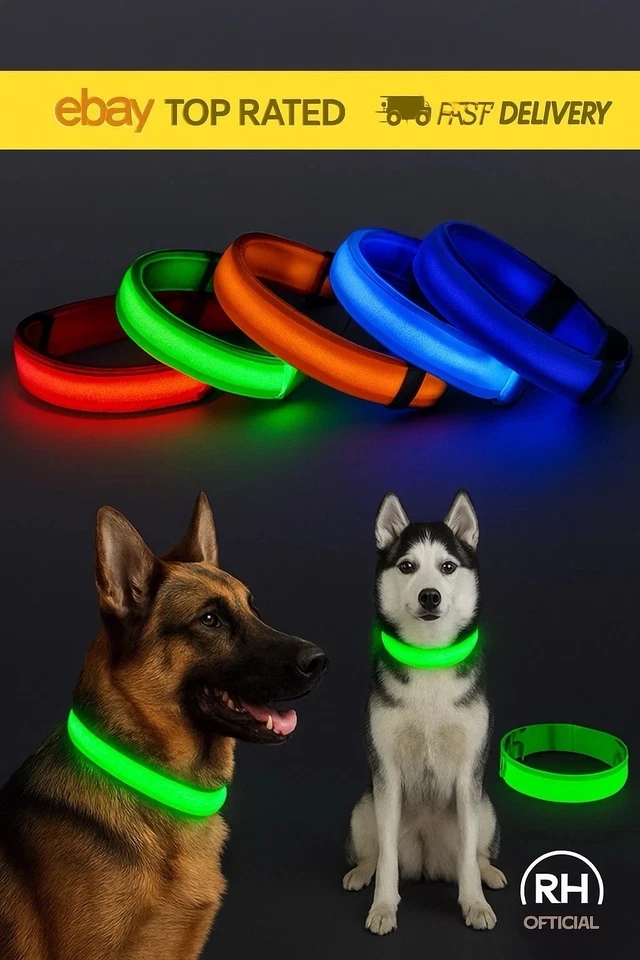 USB Rechargeable & LED Dog Pet Collar Flashing Luminous Safety Light Up Nylon UK - Image 1 of 4