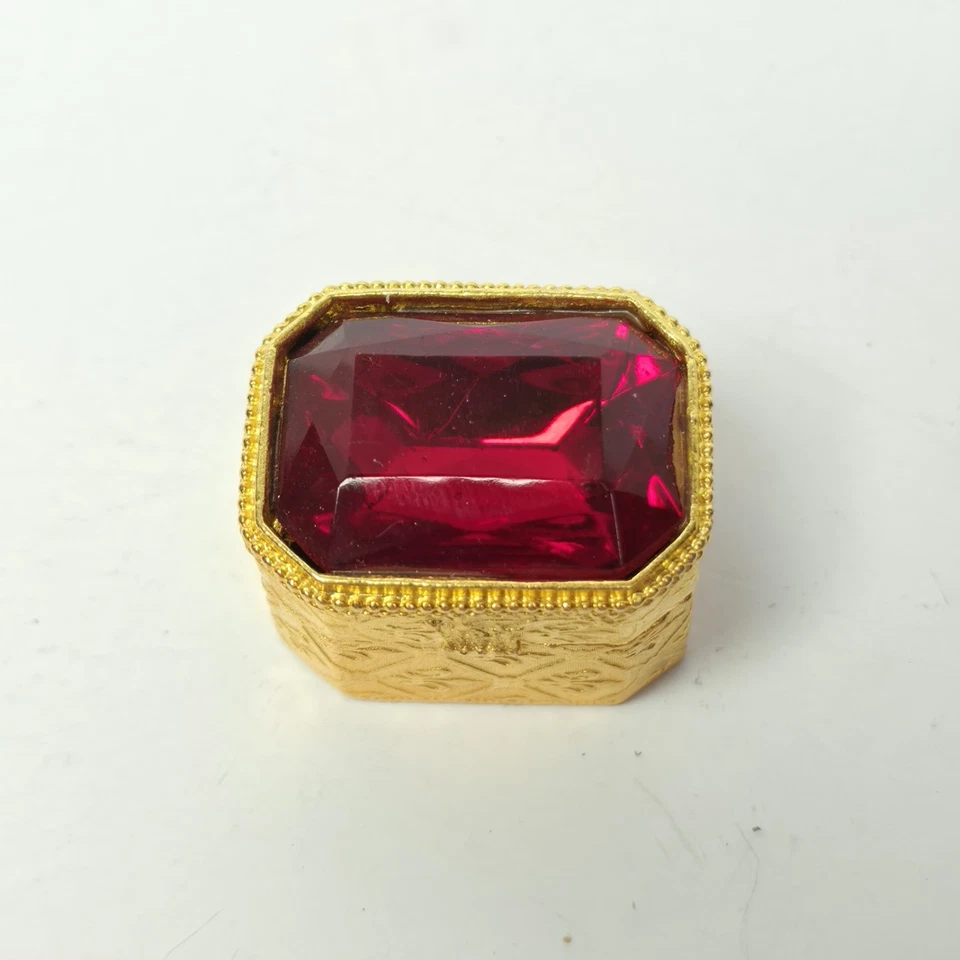 FLORENZA JEWEL PILL BOX CASE STASH TRINKET GOLD Red RHINESTONE MCM Gift Idea - Image 3 of 4