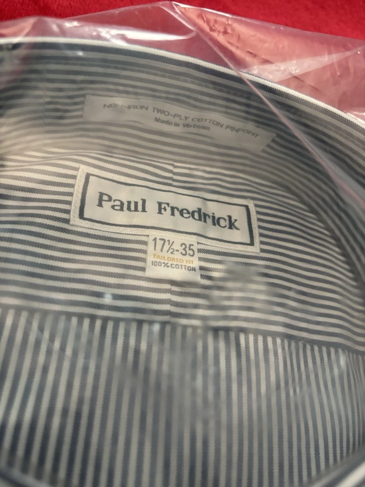 NWT Paul Fredrick 17.5/35 Tailored Fit Blue Stripe NI Snap Tab Collar Frnch Cuff - Image 2 of 4