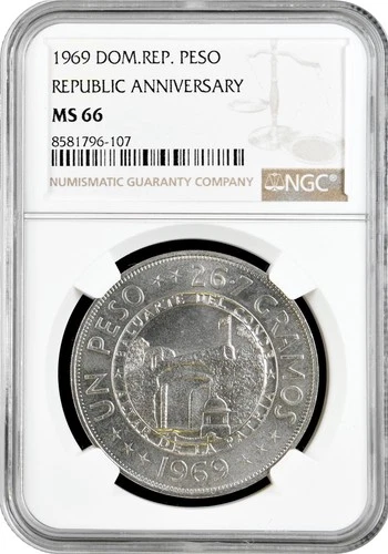 Dominican Republic 1 peso 1969, NGC MS66, "125th Anniversary of the Republic"