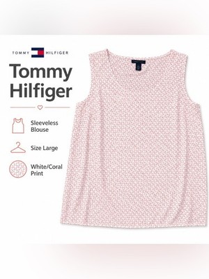 Tommy Hilfiger Sleeveless Blouse Large White Coral Geometric Print