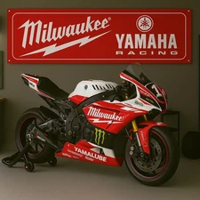 Red Motorcycle Superbike Team Garage Banner 71x24" Racing Workshop Flag Decor