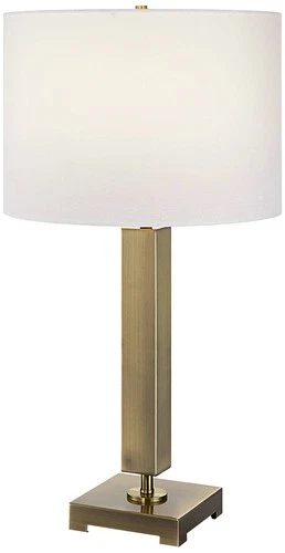 Modern Table Lamp 27" Tall Antique Brass Round White Linen Drum Shade Bedroom - Picture 8 of 8