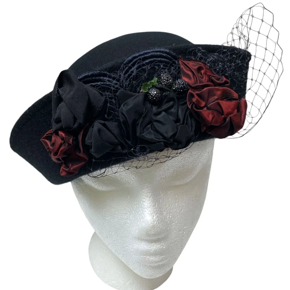 Patricia Shypertt Hat Large Black Wool Felt Red Rose Net Downton Abbey Victorian - Image 3 of 4
