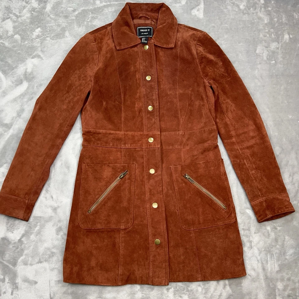 Gabardina de gamuza FOREVER 21 para mujer pequeña con botones a presión chaqueta forrada larga roja oxidada Foto 3 de 4