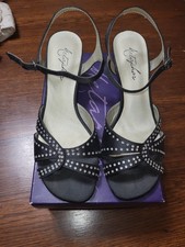 Metaphor Tristan Black Satin Rhinestone Dress Sandals Heels Ankle Strap Size...