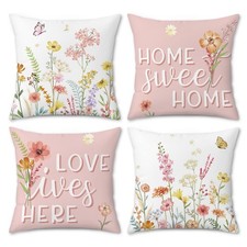 Pink Floral Throw Pillow Covers, Garden Flowers Butterfly Farmhouse Spring Ve...