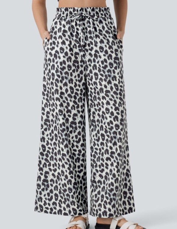 High Waisted Drawstring Pocket Leopard Print Wide… - image 2