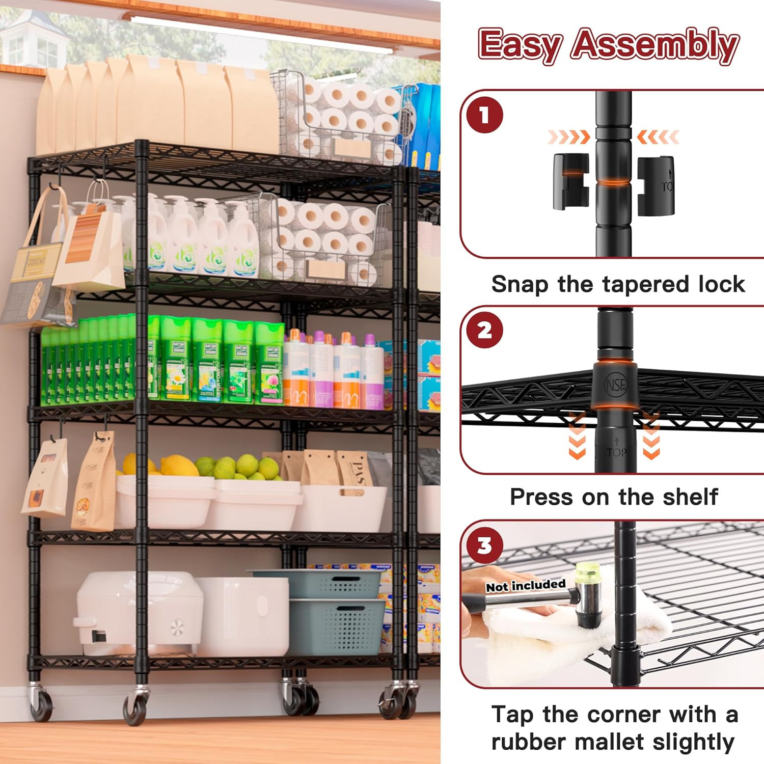 Wire Shelving Unit with Wheels, 5 Tier Adjustable NSF Certified Heavy Duty Metal