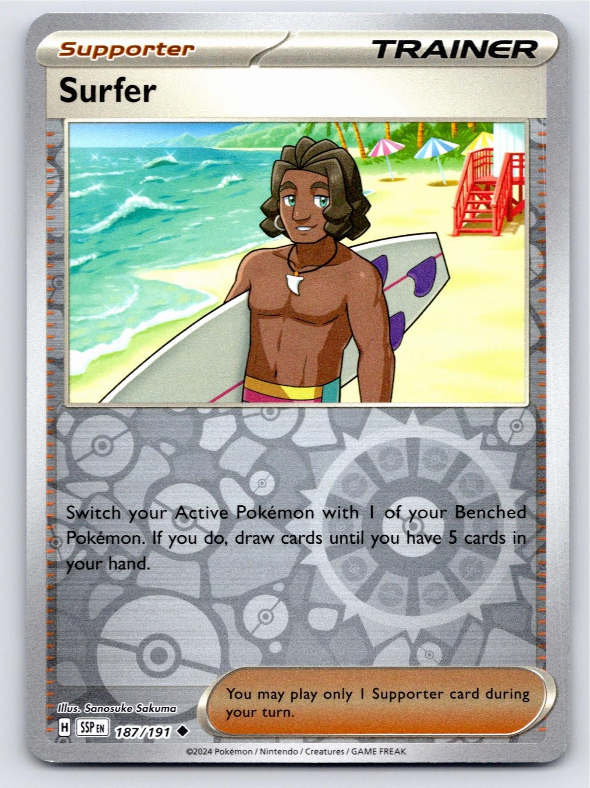 2024 POKEMON SURFER SURGING SPARKS 187/191 REVERSE HOLO UC NM A56530 FREE S&H
