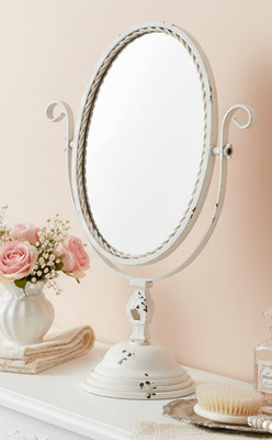 Tischspiegel / Schminkspiegel im Brocante-Stil aus Metall in Creme, Clayre & Eef