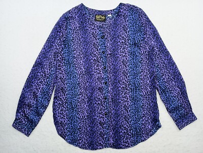 Bob Mackie Blouse Top Button Up Shirt Women's Small Purple Black Cheetah Leopard