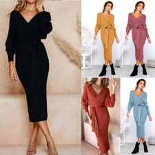 Jumper Dress Bodycon Long Sleeve Ladies Casual Autumn and Winter Women V Neck