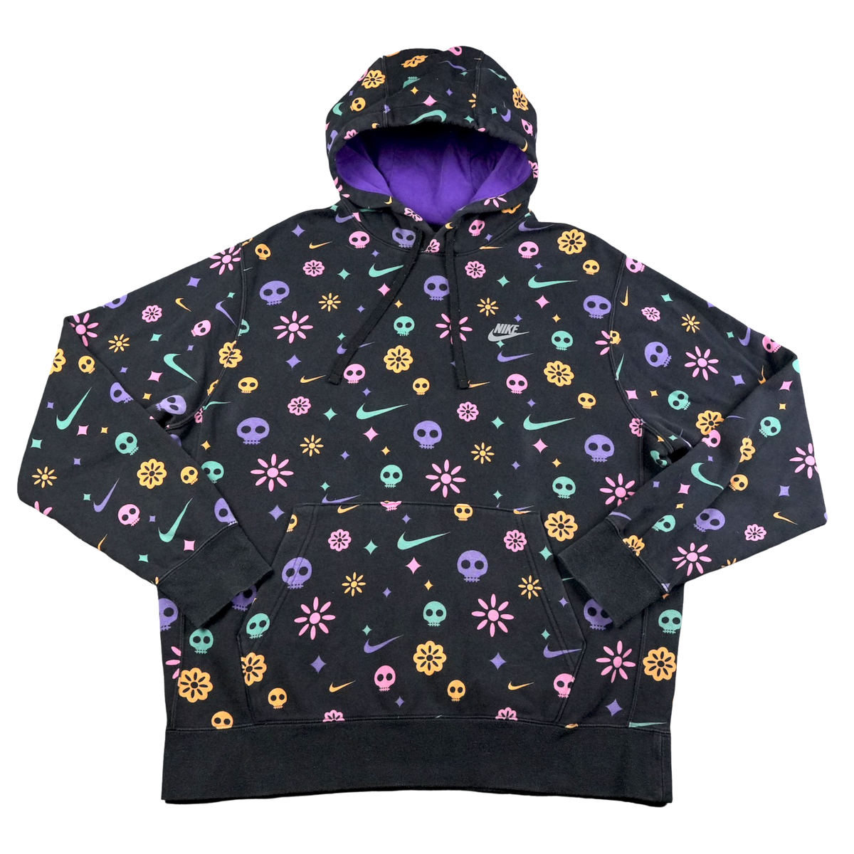 Nike Hoodie Sweatshirt Large Black Day Of The Dead Skull Swoosh