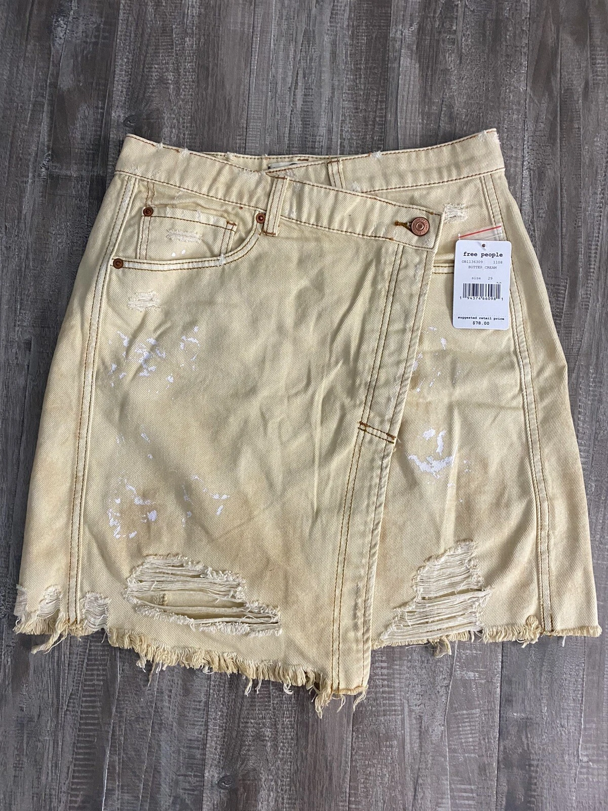 Free People Women's Faux-Wrap Distressed Denim Skirt - Butter Cream Size 29
