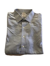 BROOKS BROTHERS MEN 17  BLUE PLAID SLIM COTTON DRESS SHIRT NON IRON 100 COTTON