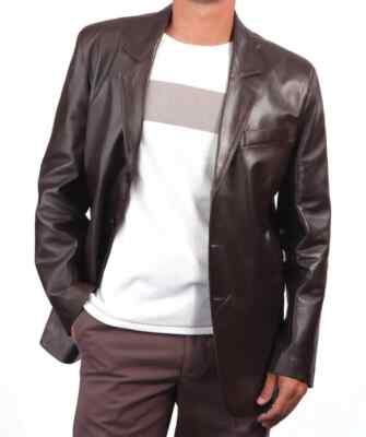 Men's Brown Button Closer Leather Blazer Party Wear Premium Lambskin Coat Napa