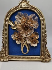 Handmade Mixed Media Jewelry Art Golden Floral Bouquet Framed Signed OOAK    