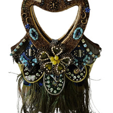 MARY FRANCES Bead  Feather Heart Handle Handbag