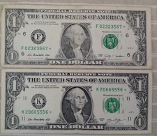 Pair of Series 2009 & 2013 $1 Dollar Bill Star Notes Low # 02323567* & 20665556*