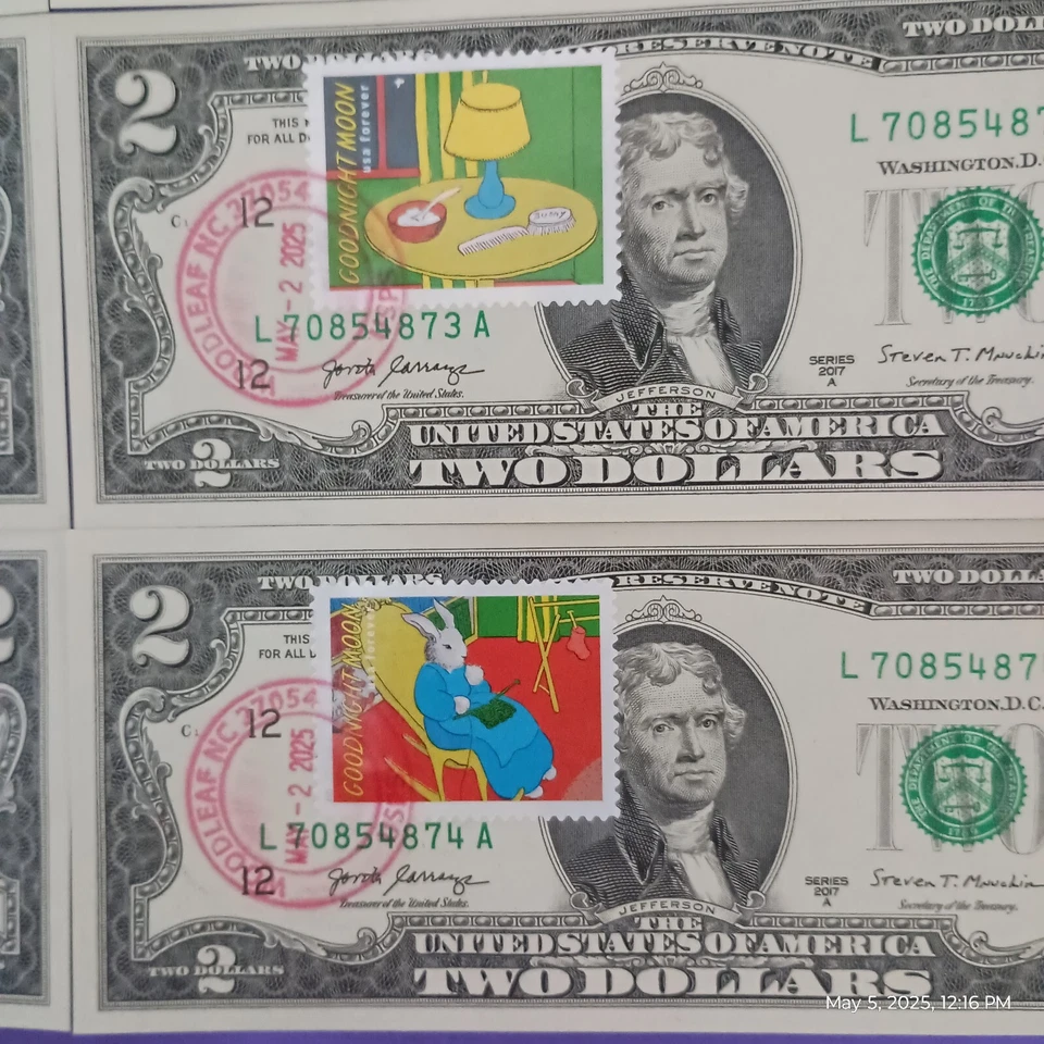 2025 GOODNIGHT MOON Stamp Set of 8 UNC $2 Dollar Bill First Day Cover # FDC -092 - Image 3 of 4
