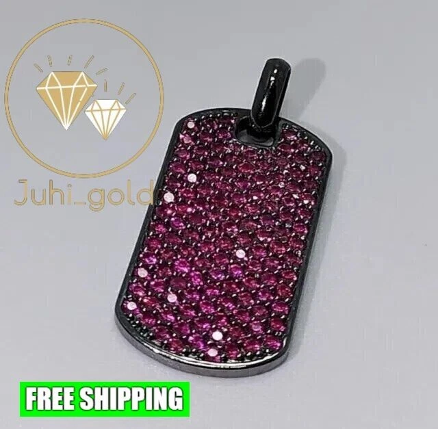 Colgante con dije de etiqueta de perro sobre oro negro de 14 quilates redondo de 3,00 quilates rubí rosa simulado para hombre Foto 3 de 4