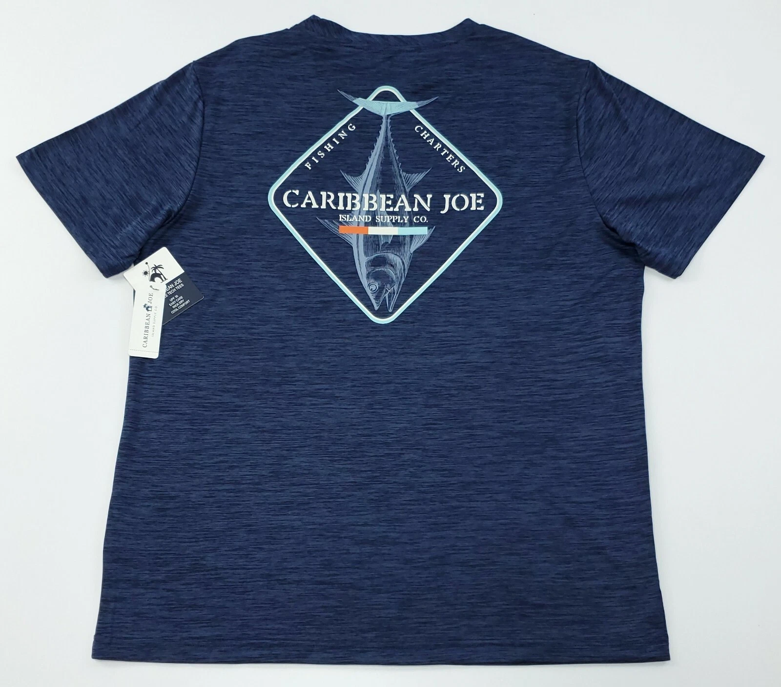 Caribbean Joe Men's M Tuna Fishing Charters Short Sleeve T-Shirt UPF 30 Blue NWT