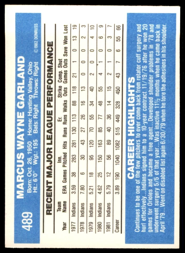 1982 DONRUSS WAYNE GARLAND . CLEVELAND INDIANS #489 - Image 2 of 2